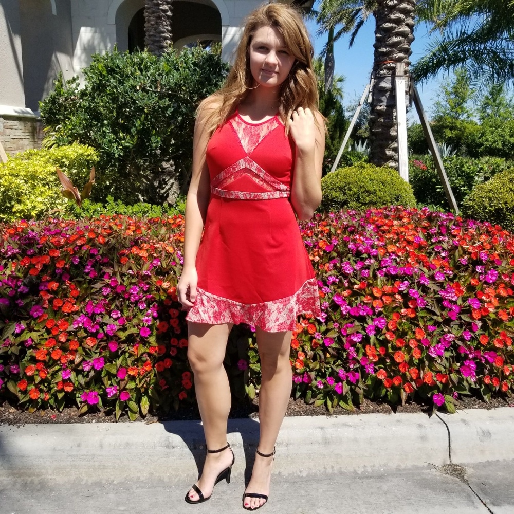 Red Tan Lace Skater Dress with Lace Back - Picture 1 of 7